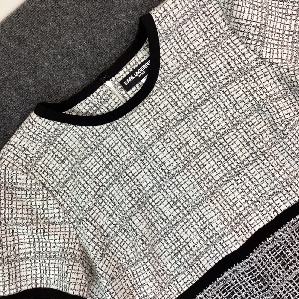 Karl Lagerfeld Paris Womens Black White Tweed Shift Dress Pearl Buttons 16 217